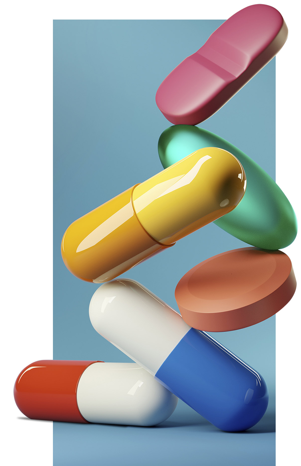 Colorful pharmaceuticals stacked against a blue backdrop