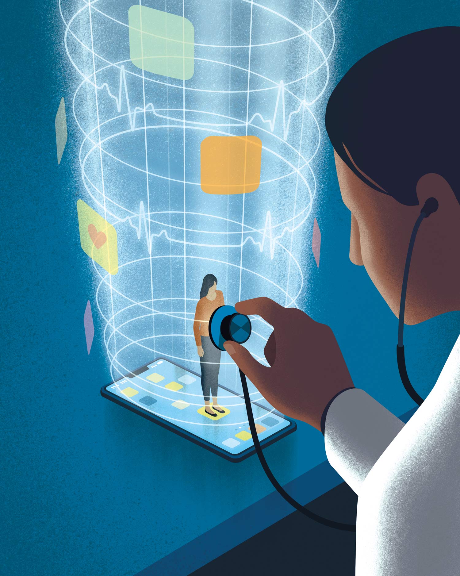 illustration of doctor checking patient standing on cell phone