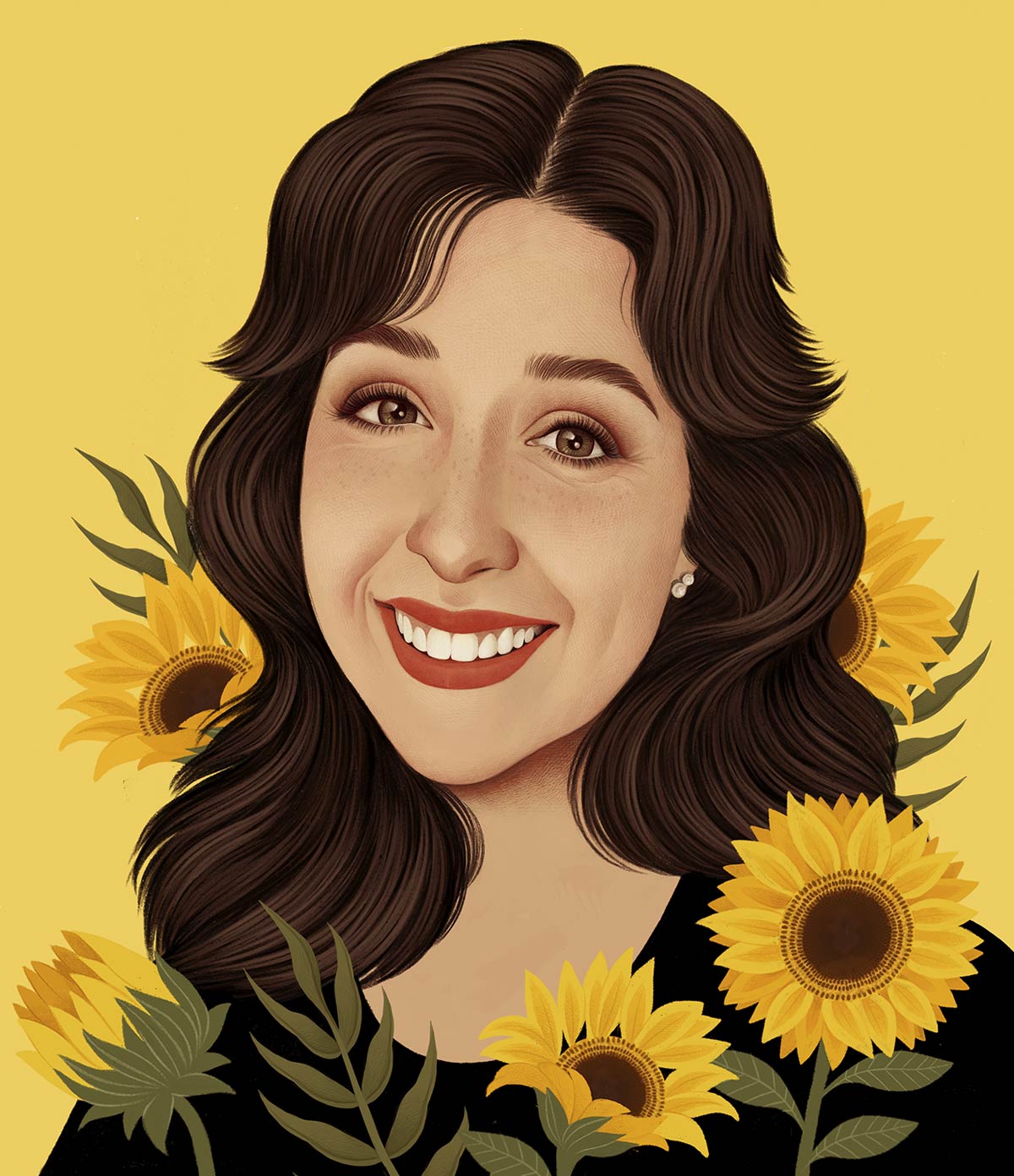 An illustration of Molly Beckman surrounded by sunflowers