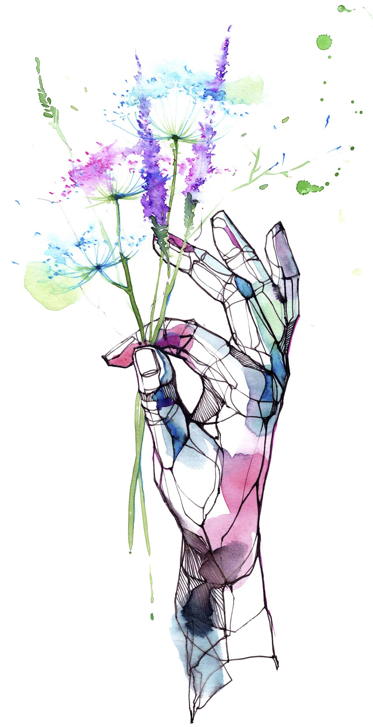 Ink and watercolor art peice of a hand holding flowers