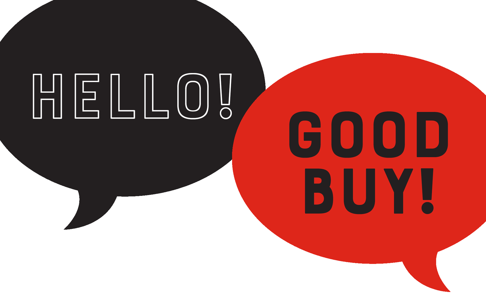 black speech bubble reading 'Hello' and red speech bubble reading 'Good Buy!'
