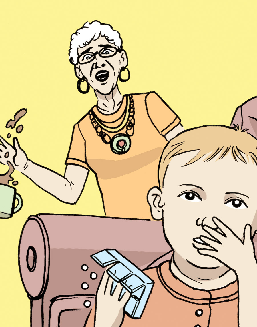 Illustration of a grandma realizing her grandchild is taking her pills