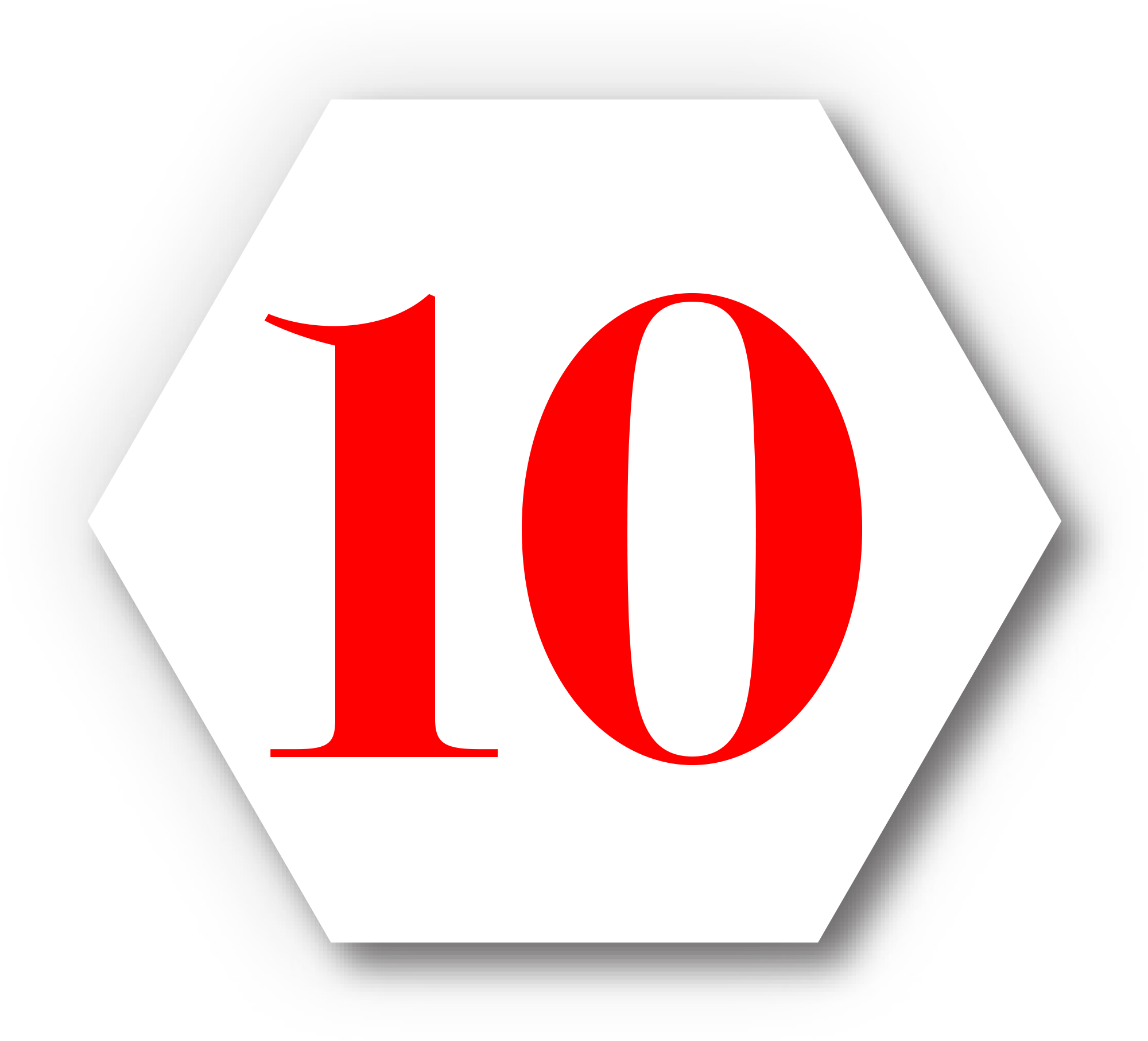 red number 10 typography in white hexagon