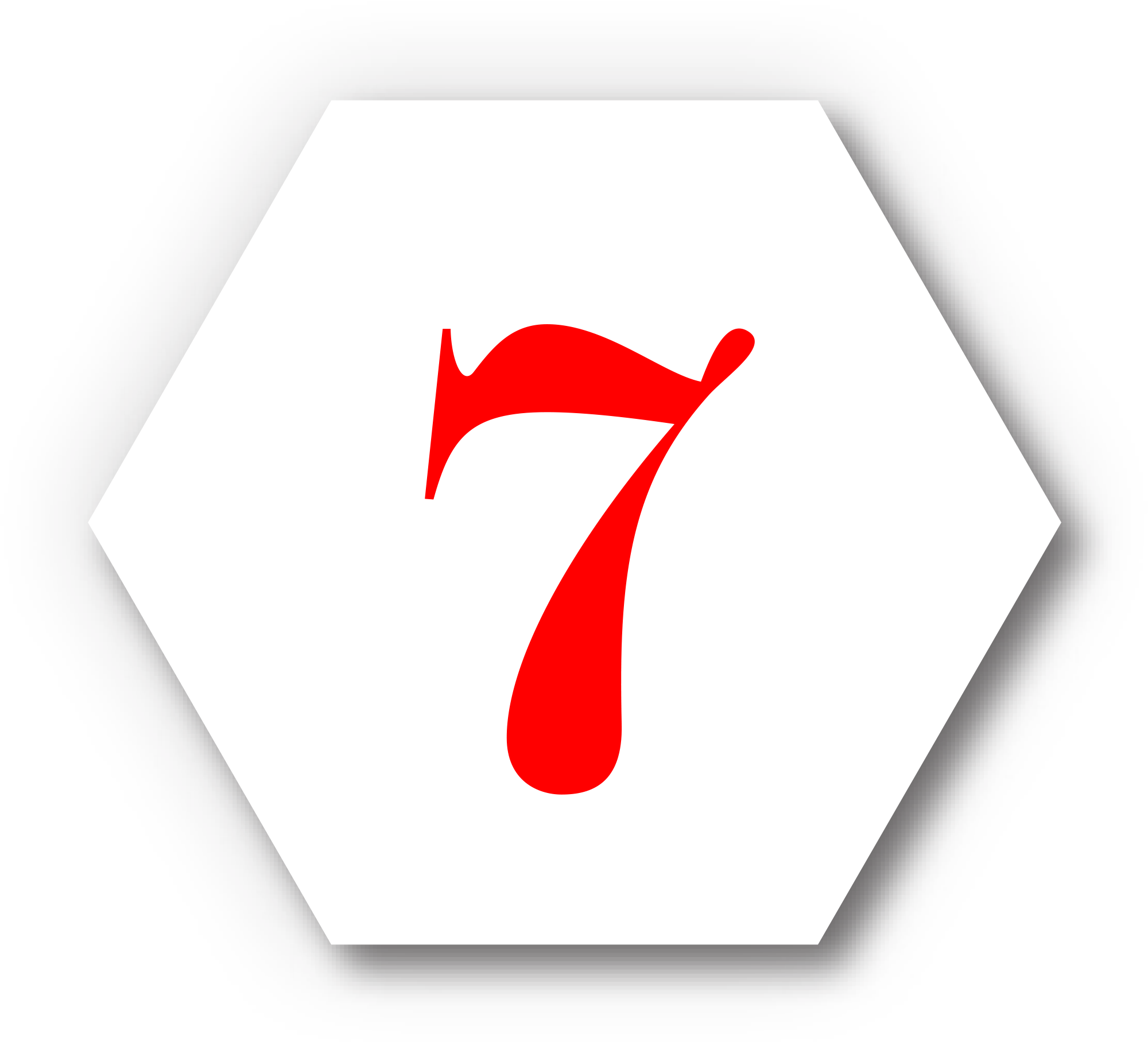red number 7 typography in white hexagon