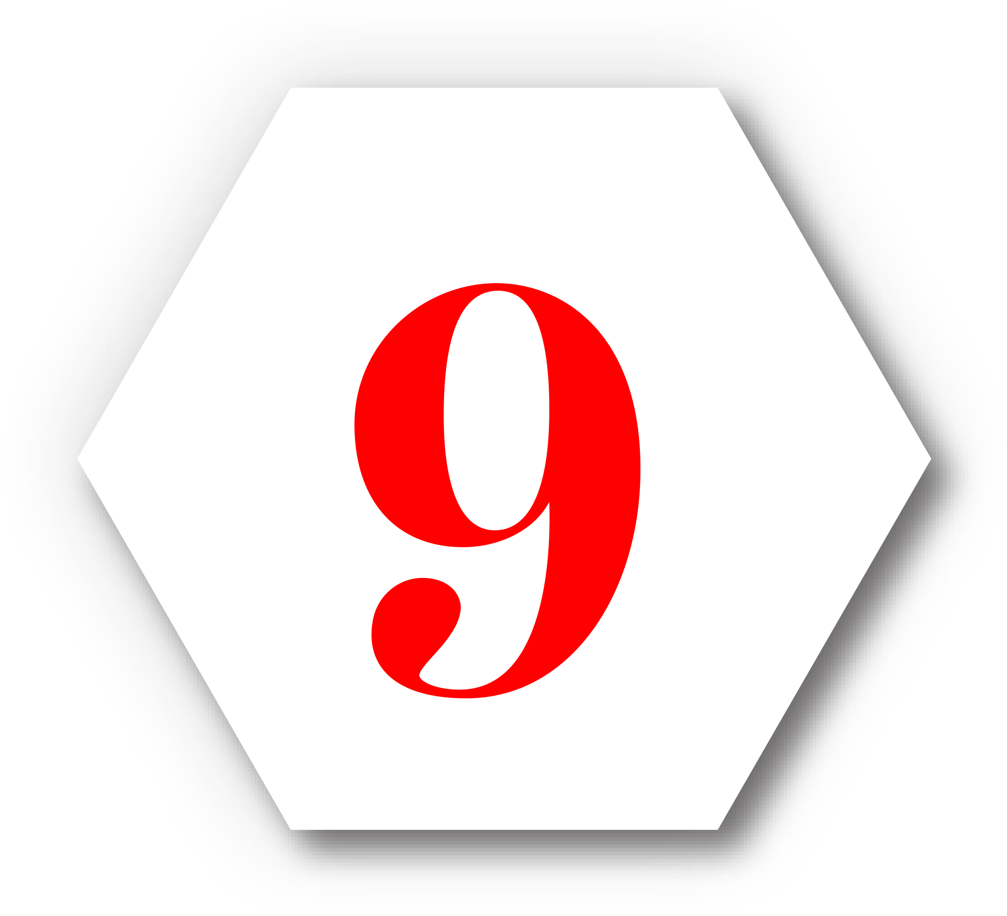 red number 9 typography in white hexagon