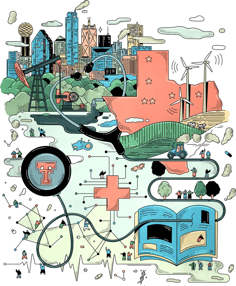 digital illustration of a Texas Tech logo on a stethoscope with the state of Texas, a skyline, windmills, and a magazine