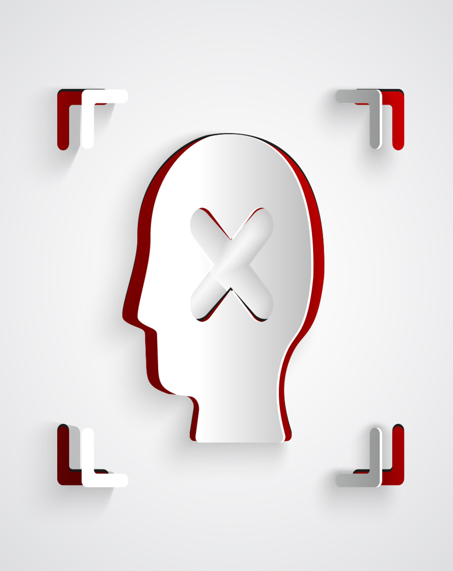 A digital illustrative representation of a red, black, and gray human head silhouette cutout shape in the middle with a red, black, and gray letter x silhouette cutout shape on top/middle of the head with four red, black, and gray border frame edges around the head surrounded by a various gray colored shade background