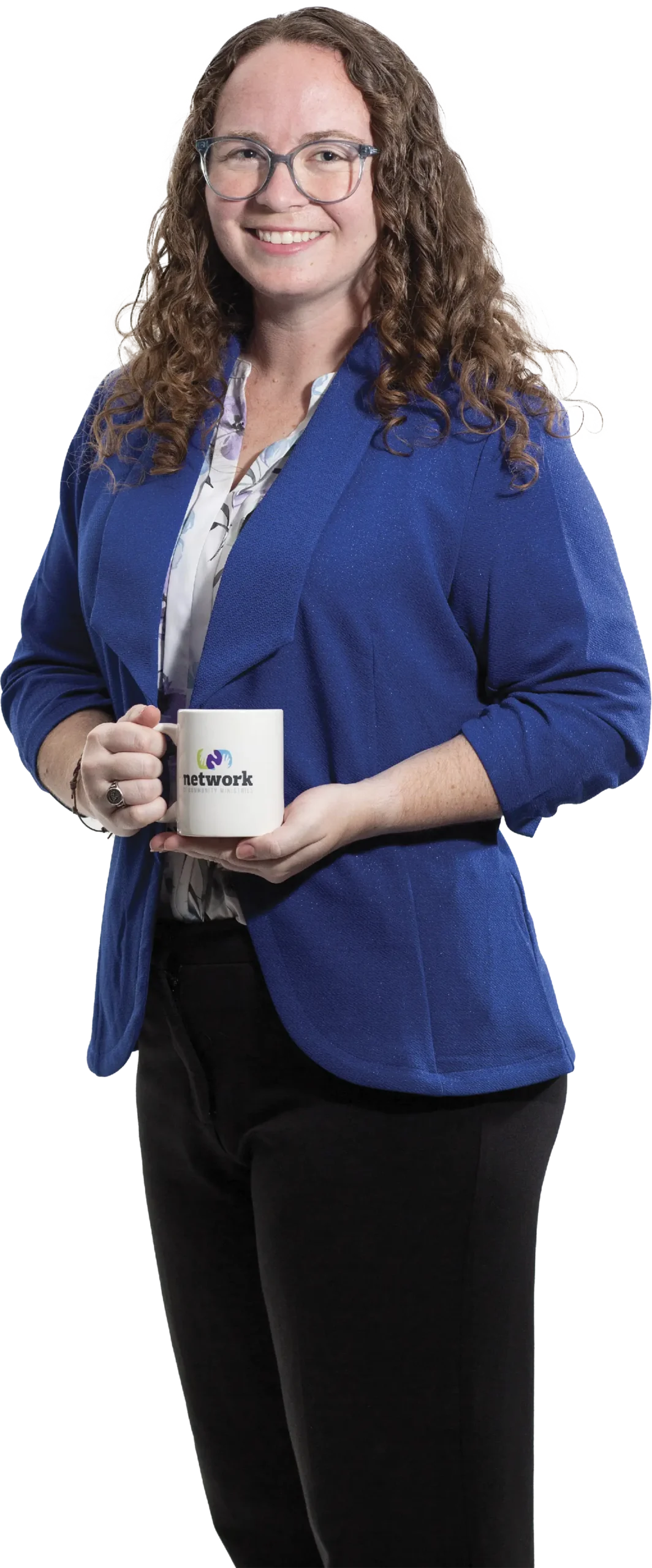 Ashley Edling, MPH, (Public Health ’19) in blue cardigan holding mug