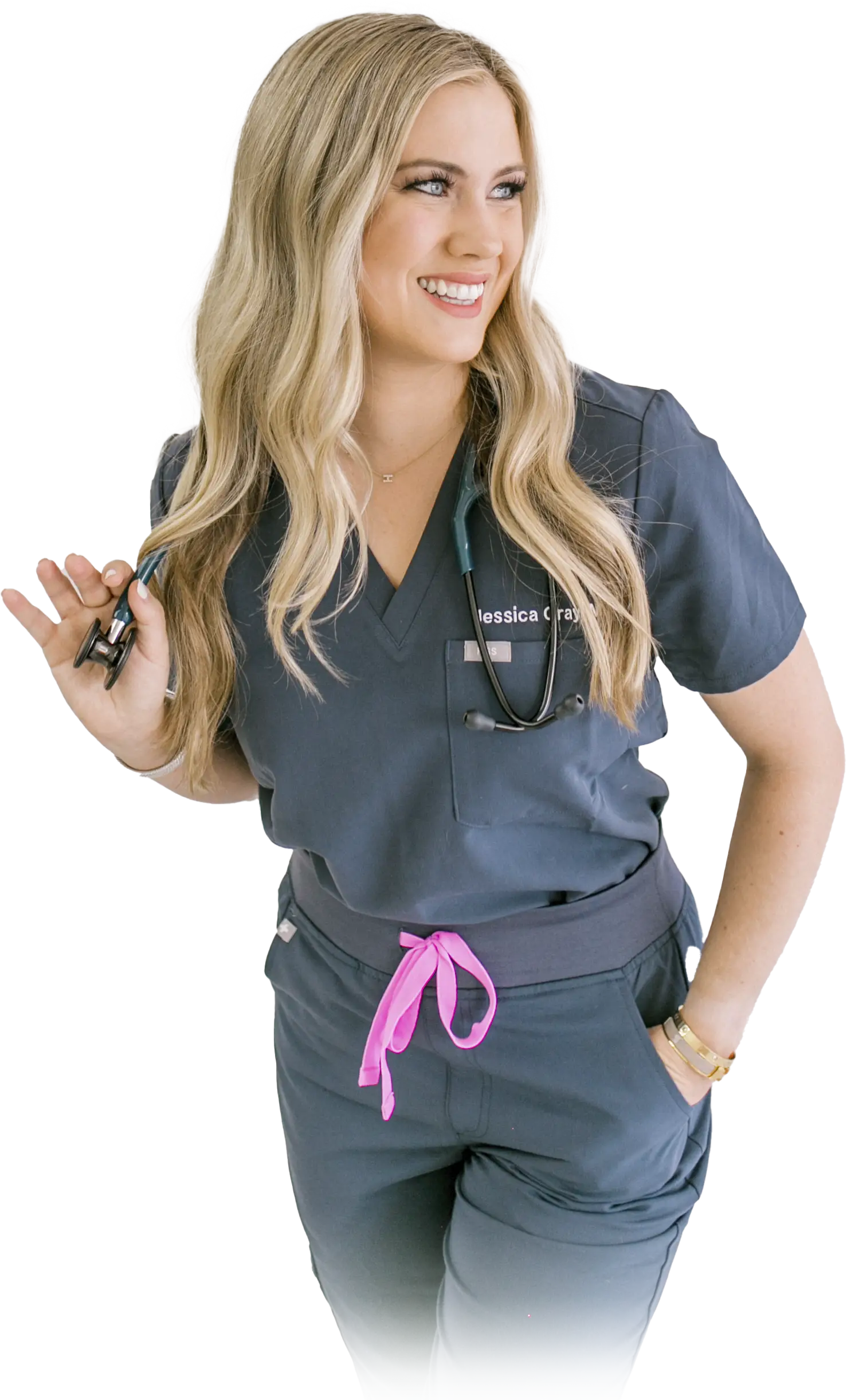Jessica Gray, MD posing in scrubs with stethoscope