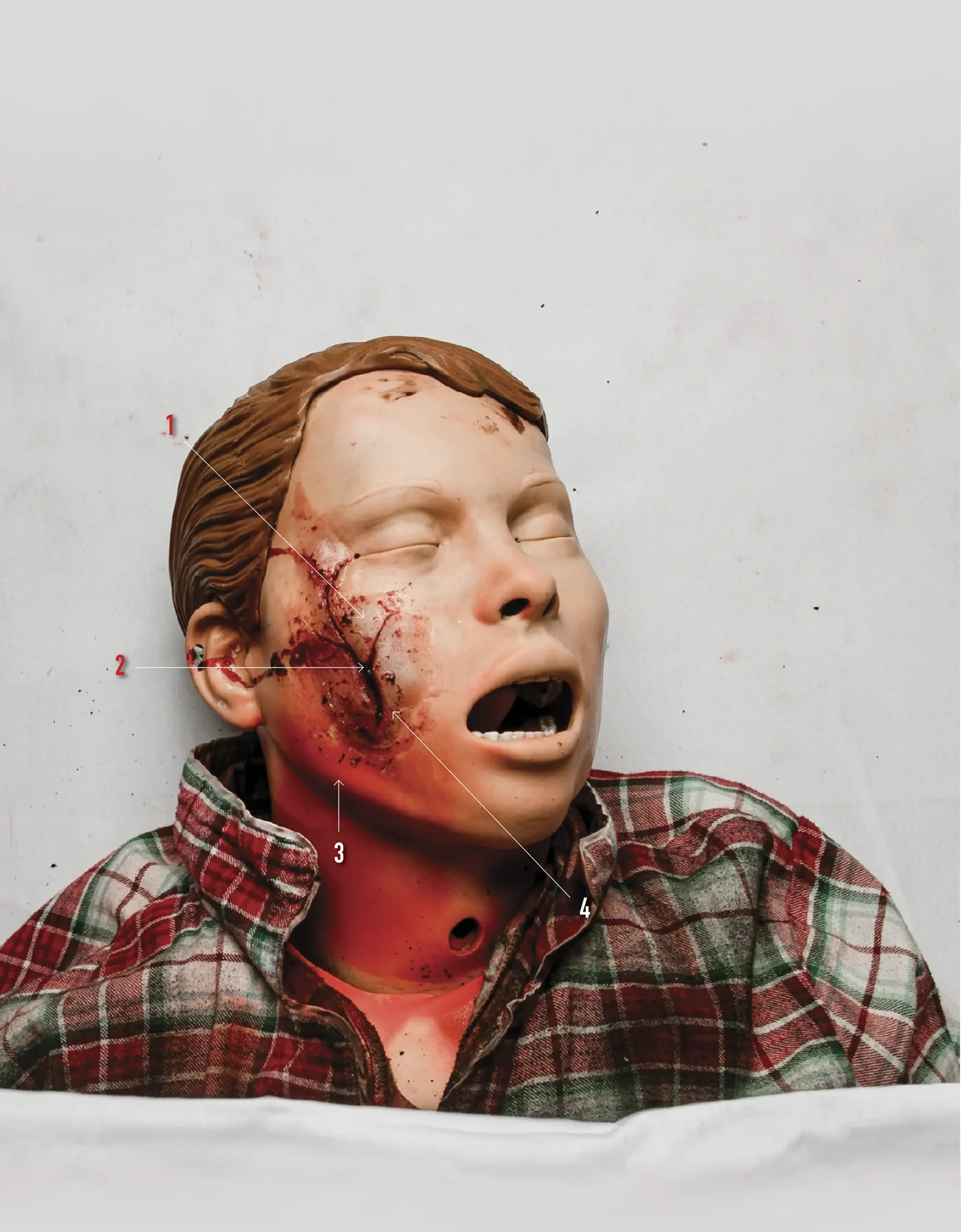 Latex dummy mannequin with special effects injuries on face