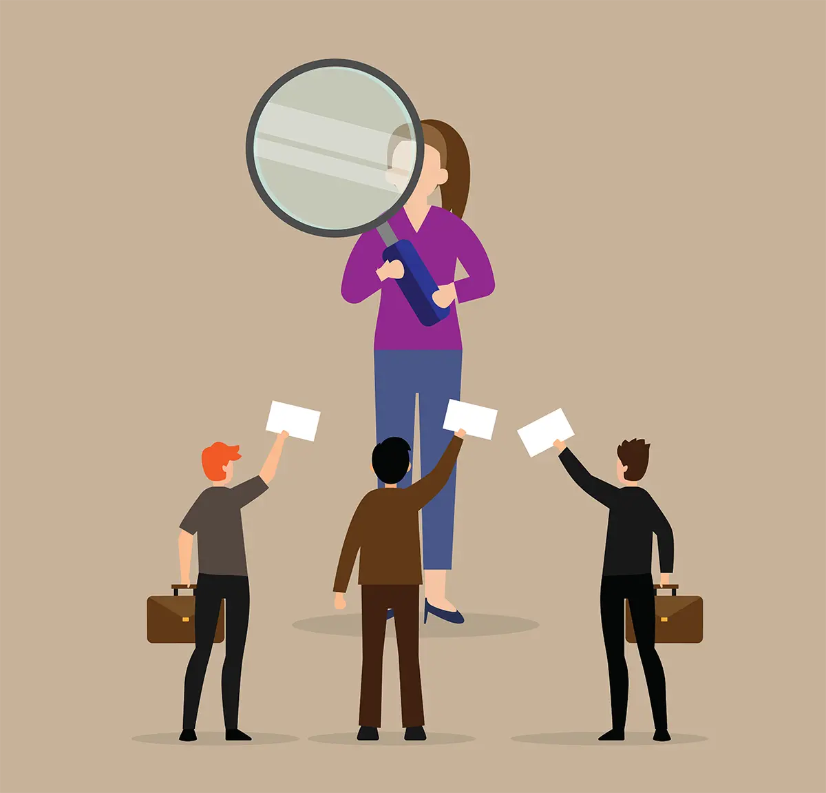 Vector digital illustration of a woman in a purple blouse, dark blue dress pants, and navy blue heels holding a magnifying glass and three men in business attire holding white small signs grabbing the attention of the woman (two of the men are holding briefcases) on a tan colored background