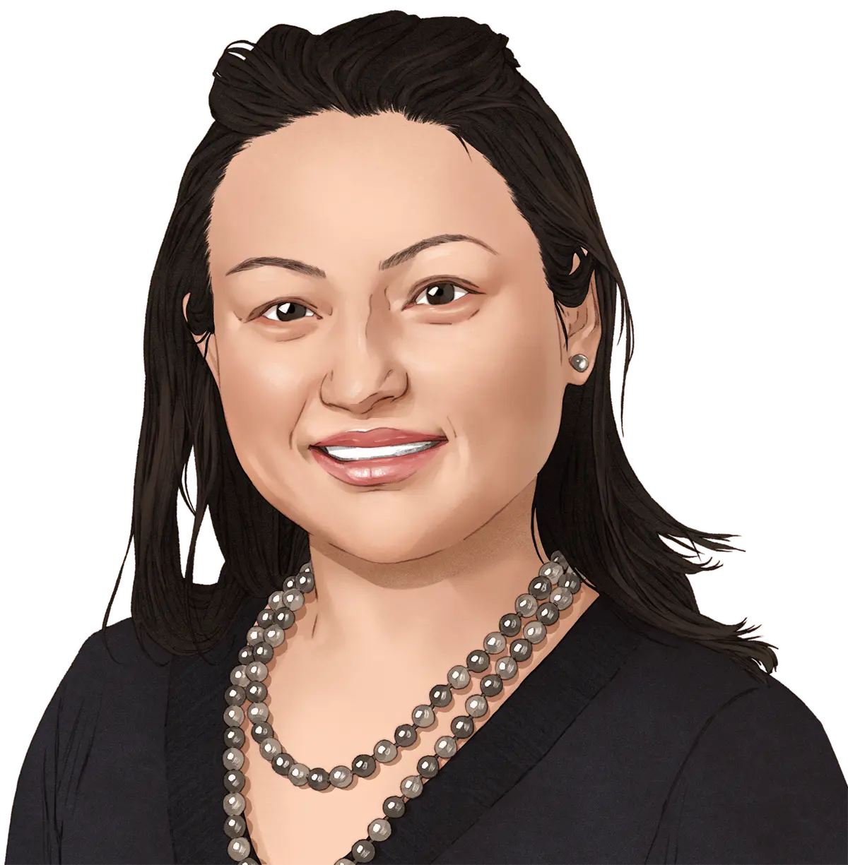 Portrait digital drawing illustration of Grace Sun, DNP, APRN, FNP-BC Associate Professor, School of Nursing smiling in a black blouse and grey pearl necklaces