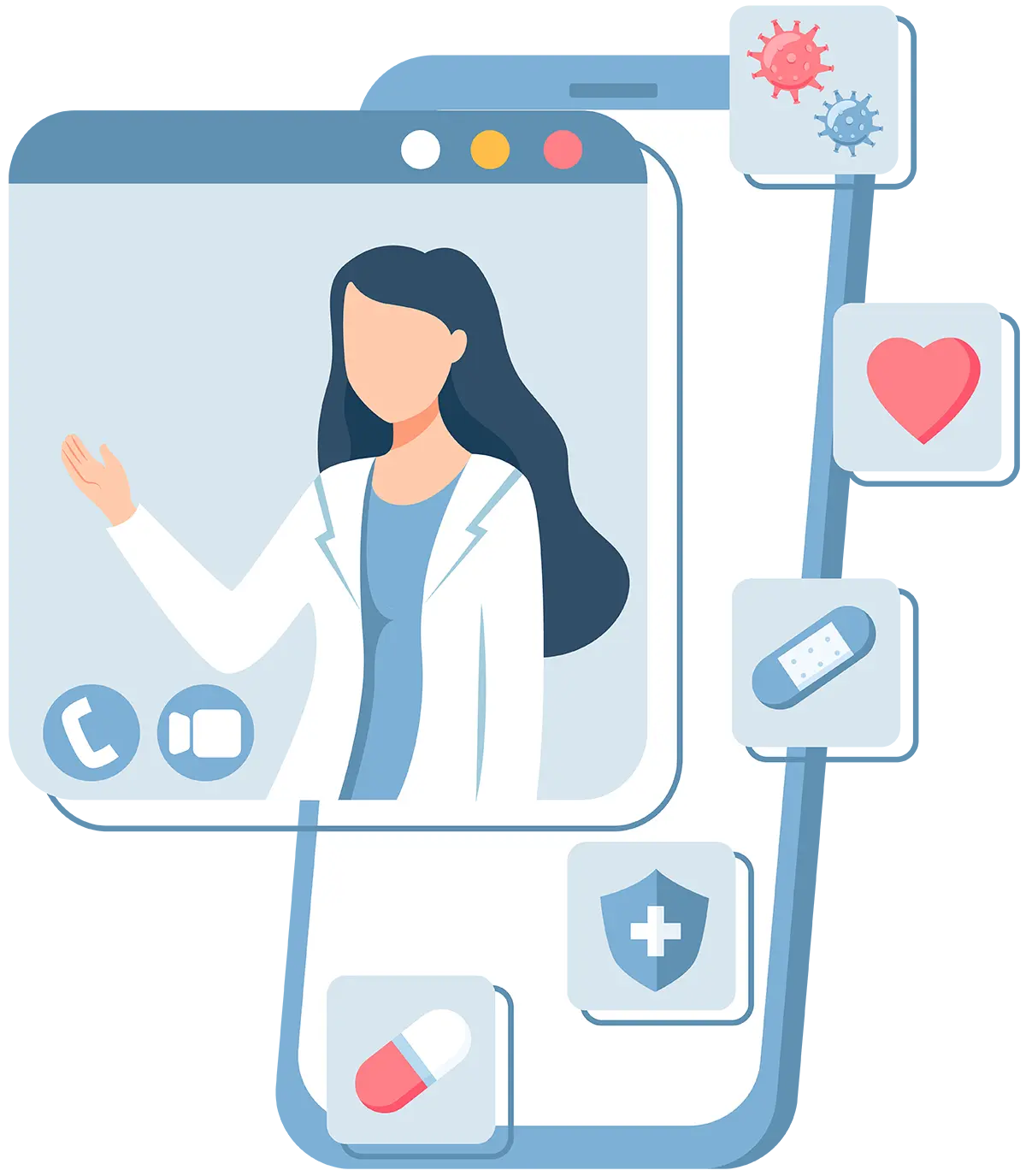 Digital vector illustration of a floating zoomed-out pop-up video call window screenshot from a smartphone with a female doctor figure putting her arm/hand at an angle plus five other floating zoomed-out pop-up screenshots containing health symbology icons like a pill, a health aid shield, a band aid, a heart, and bacteria/virus
