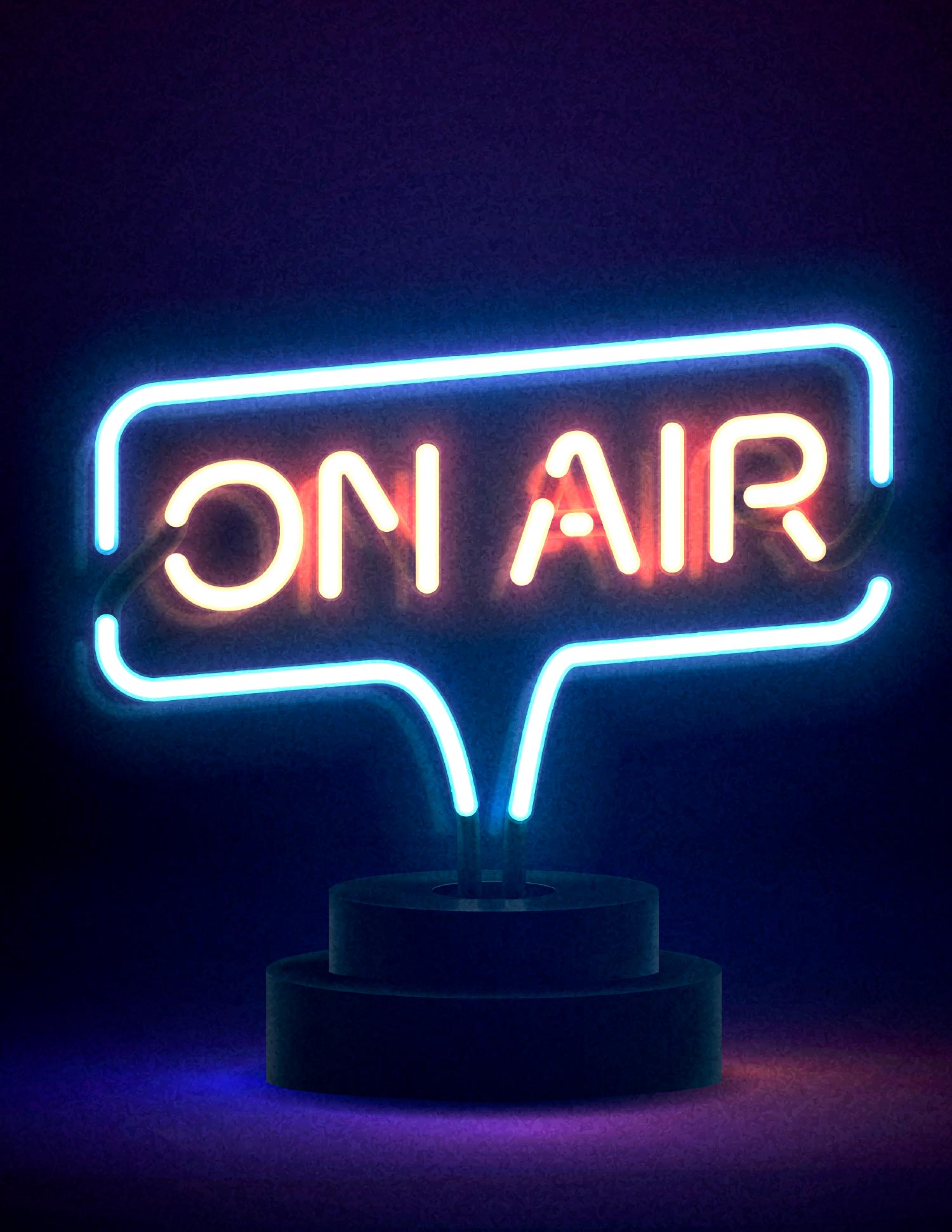 white and red neon sign of 'on air' text inside of a chat bubble