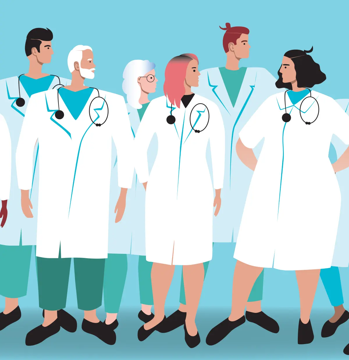 Vector digital illustration of a group of six doctors in healthcare professional white coat outfits all standing side by side next to each other together as four of these individuals have stethoscope tools around their neck and pinned to their white coat outfits also