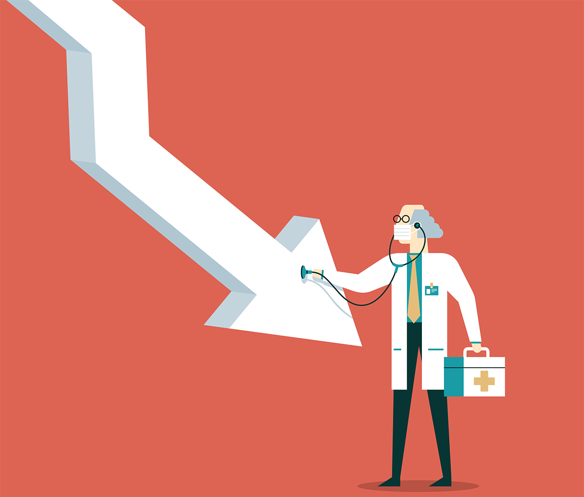 Vector digital illustration of a male doctor in his healthcare professional white coat outfit standing beside a downward facing white arrow as the doctor is holding a healthcare kit object in his left hand while in his right hand he is using a stethoscope tool to pluck it onto the white downward facing arrow