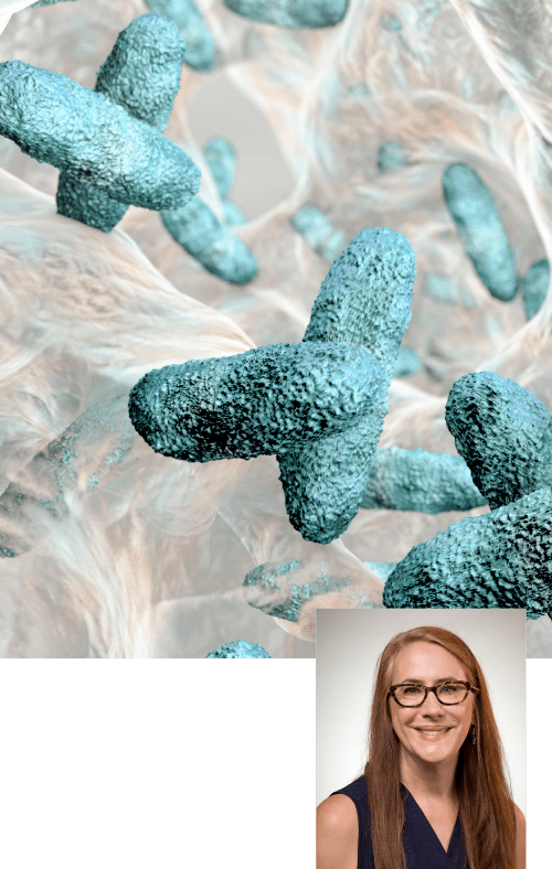 digital rendering of biofilm; Kendra Rumbaugh headshot