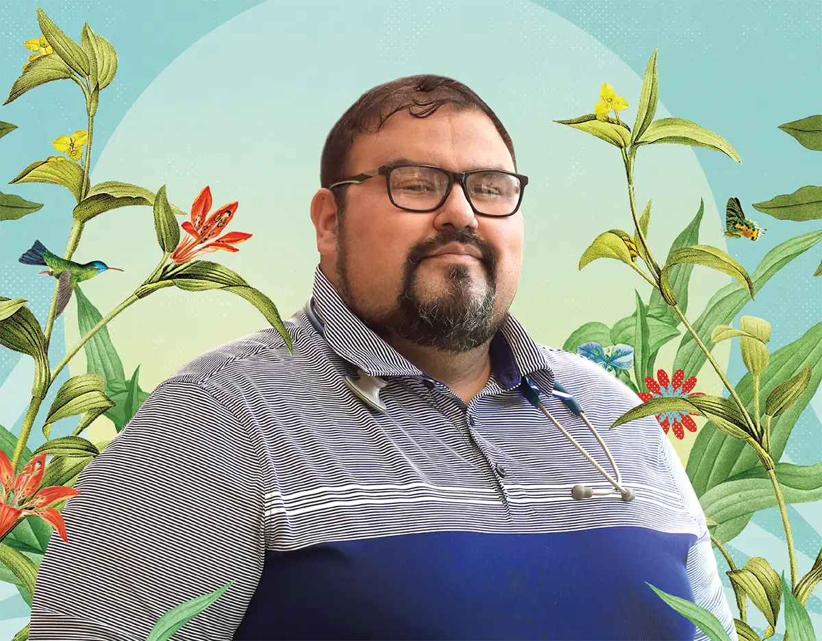 Aaron Salinas surrounded by floral illustrations