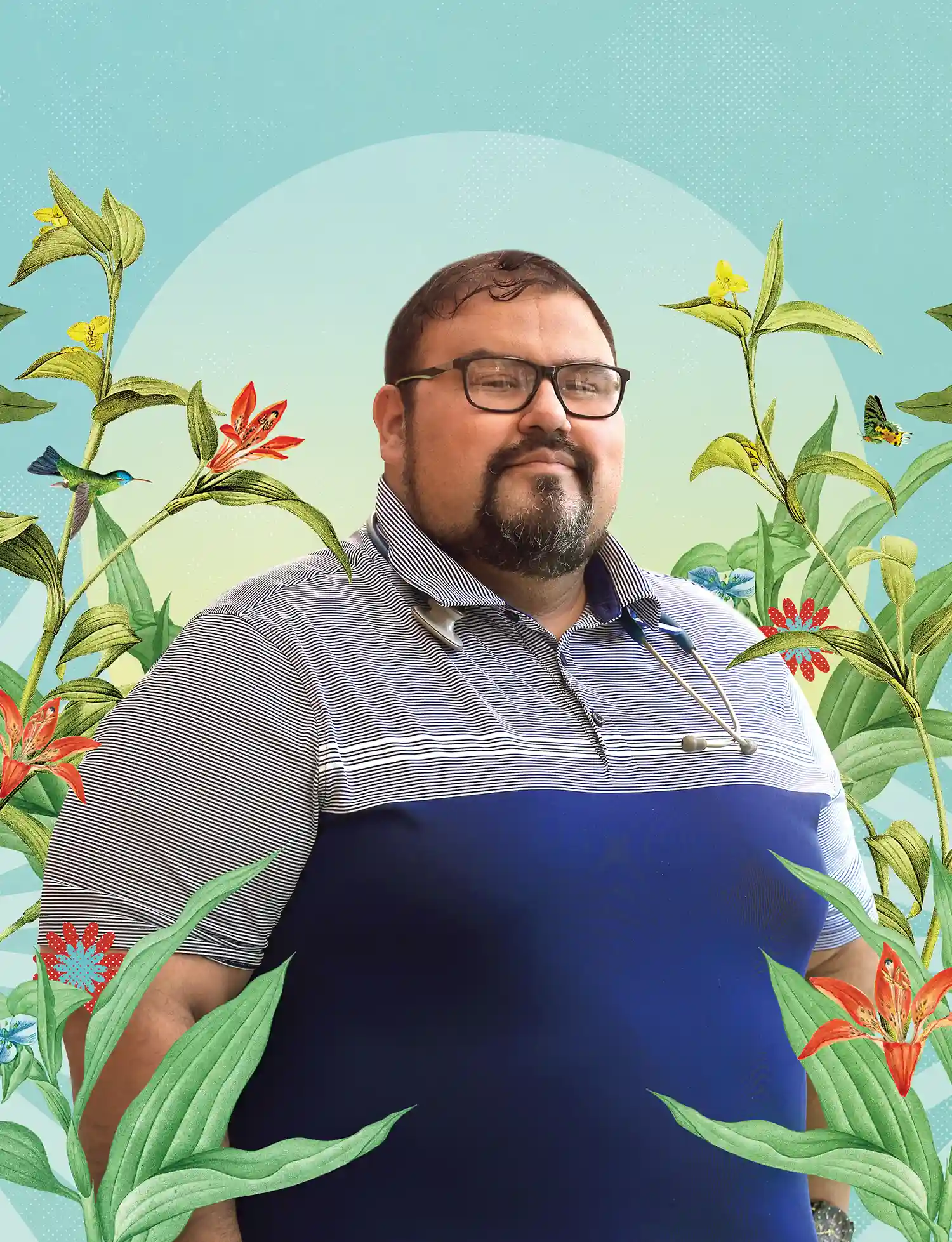 half body photo of Aaron Salinas with illustration of plants in the background