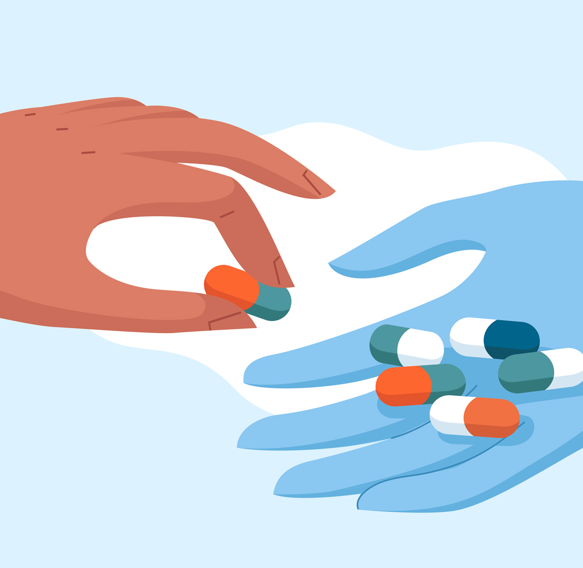 hand holding a pill handing it to a gloved hand holding multiple pills