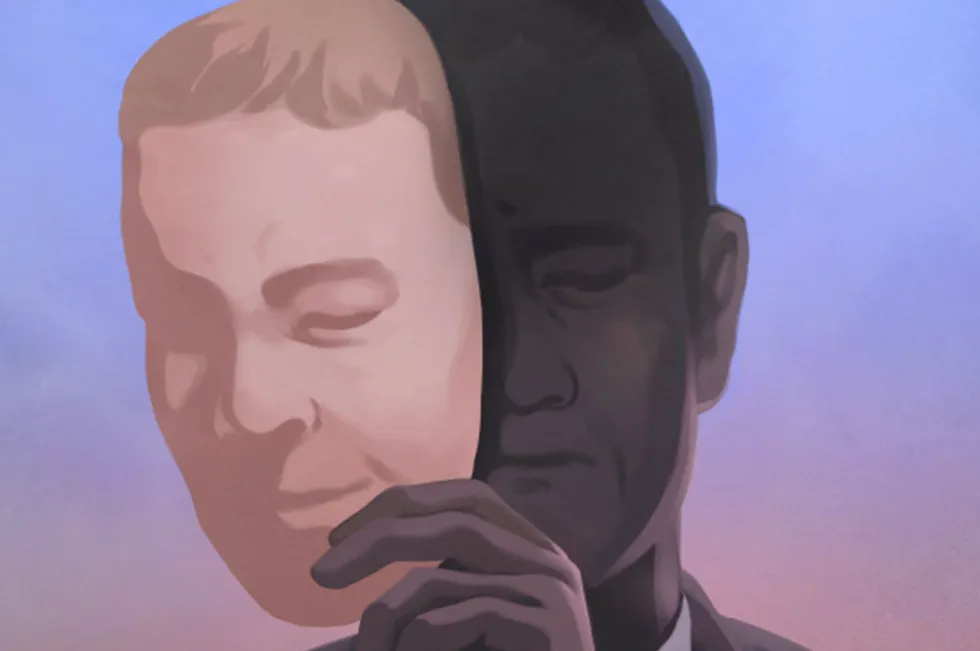 Digital illustration of a person in a suit holding a bright mask with a slight smile in front of their shadowed, somber face against a gradient sky background.