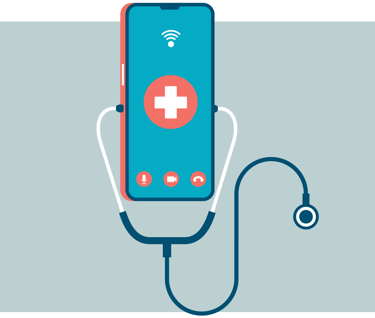 A flat minimalistic digital graphic vector-based illustration of a teal smartphone featuring a red circle with a white medical cross symbol icon; A stethoscope is plugged into the sides of the phone, with a Wi-Fi symbol at the top and call icons at the bottom of the smartphone screen display