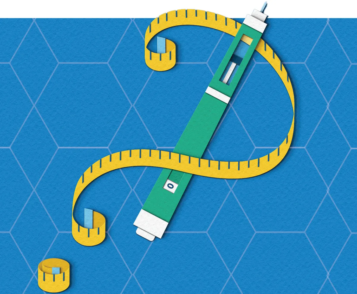 Minimalist digital illustration of a green medical injector pen wrapped in a yellow measuring tape against a blue geometric background.