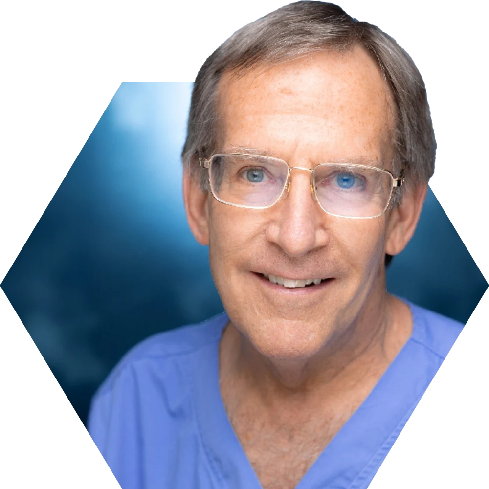 Professional portrait of a healthcare provider in a blue clinical uniform, framed within a modern white hexagonal border.