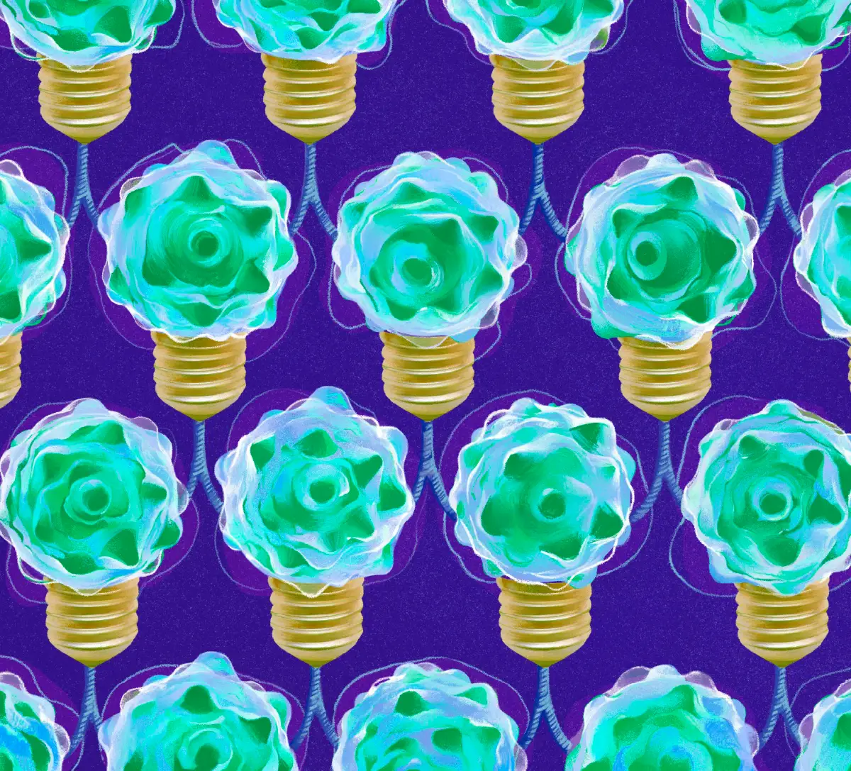 Stylized repeating pattern of glowing teal rose-shaped lightbulbs on a vibrant purple background.