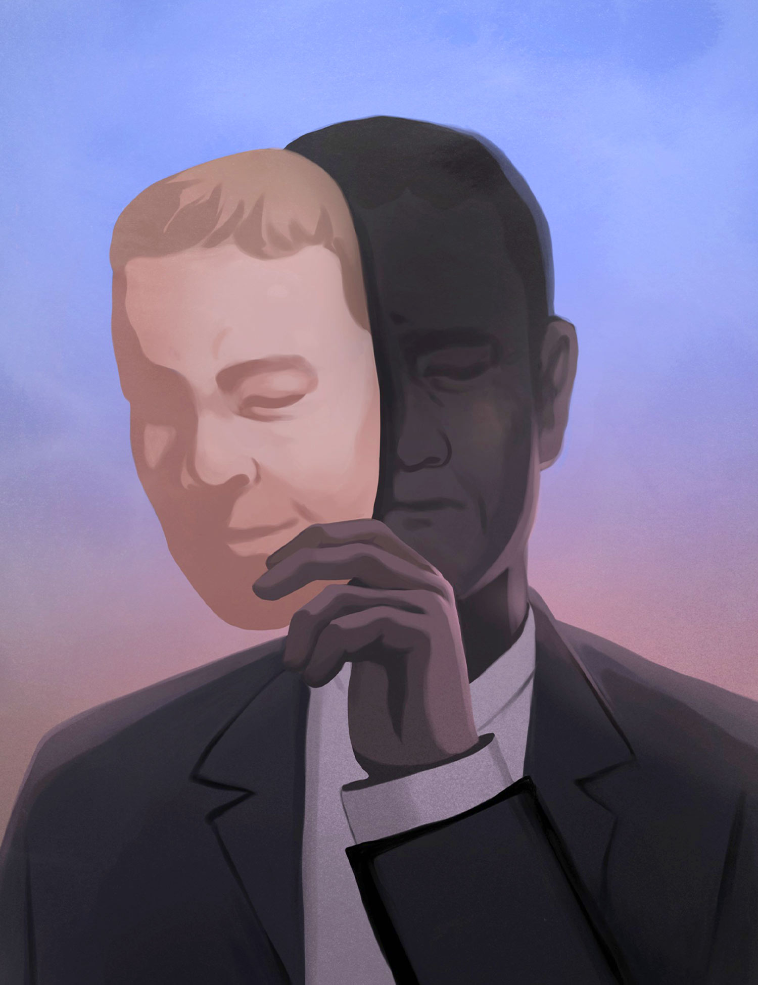 Digital illustration of a person in a suit holding a bright mask with a slight smile in front of their shadowed, somber face against a gradient sky background.