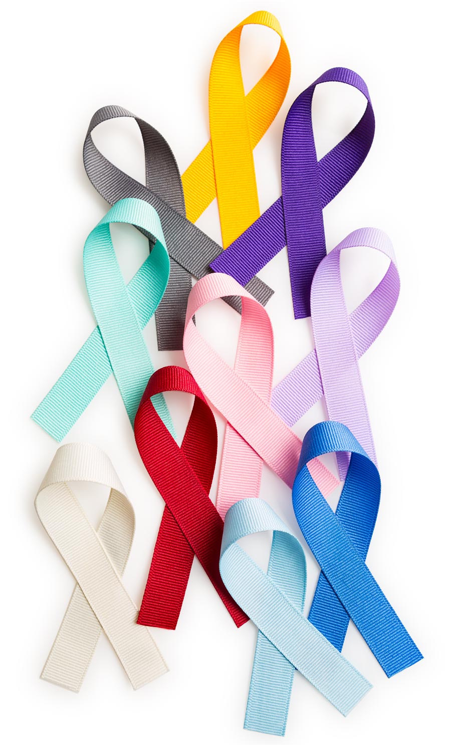 ten breast cancer awareness ribbons in different colors