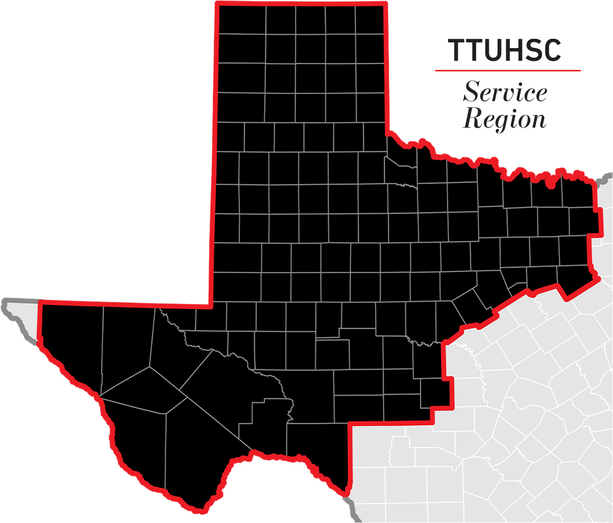 map of the state of Texas with a black shaded area that represents the TTUHSC service region