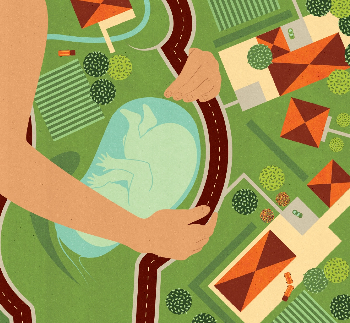 A stylized, top-down digital graphic minimalistic illustration showing two large hands cradling a light-blue, water-like shape containing a fetus in the womb; The surrounding background depicts a residential neighborhood with houses, trees, and a winding road
