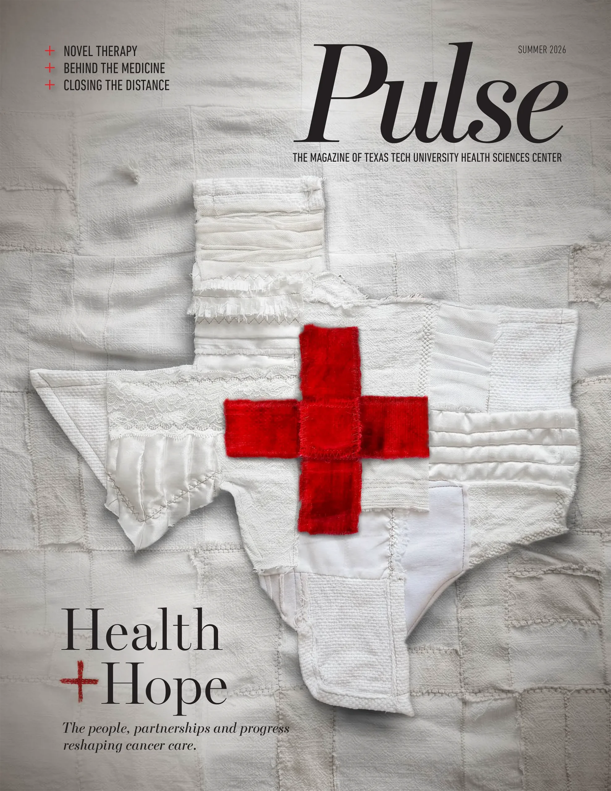 Summer 2026 cover of Pulse magazine featuring a quilted outline of Texas with a red medical cross and the theme “Health + Hope: The people, partnerships and progress reshaping cancer care.”