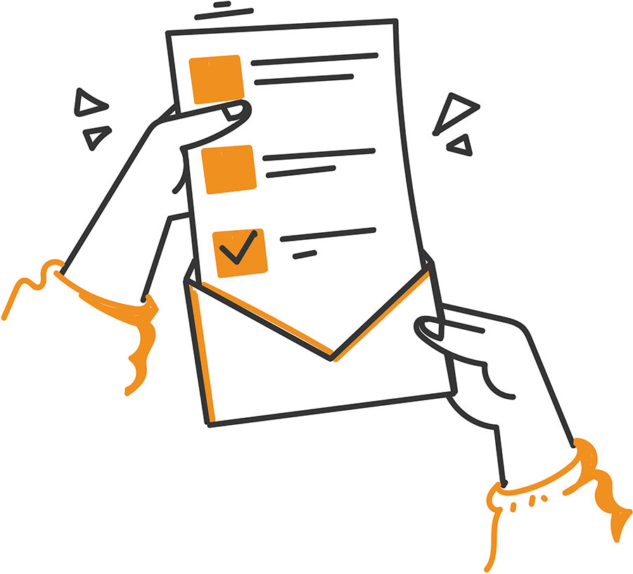 An illustration of hands placing a checklist document inside an open envelope.
