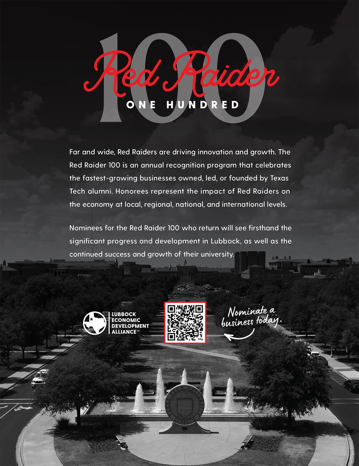 Red Raider 100 ad inviting nominations for the fastest-growing businesses owned, led or founded by Texas Tech alumni.