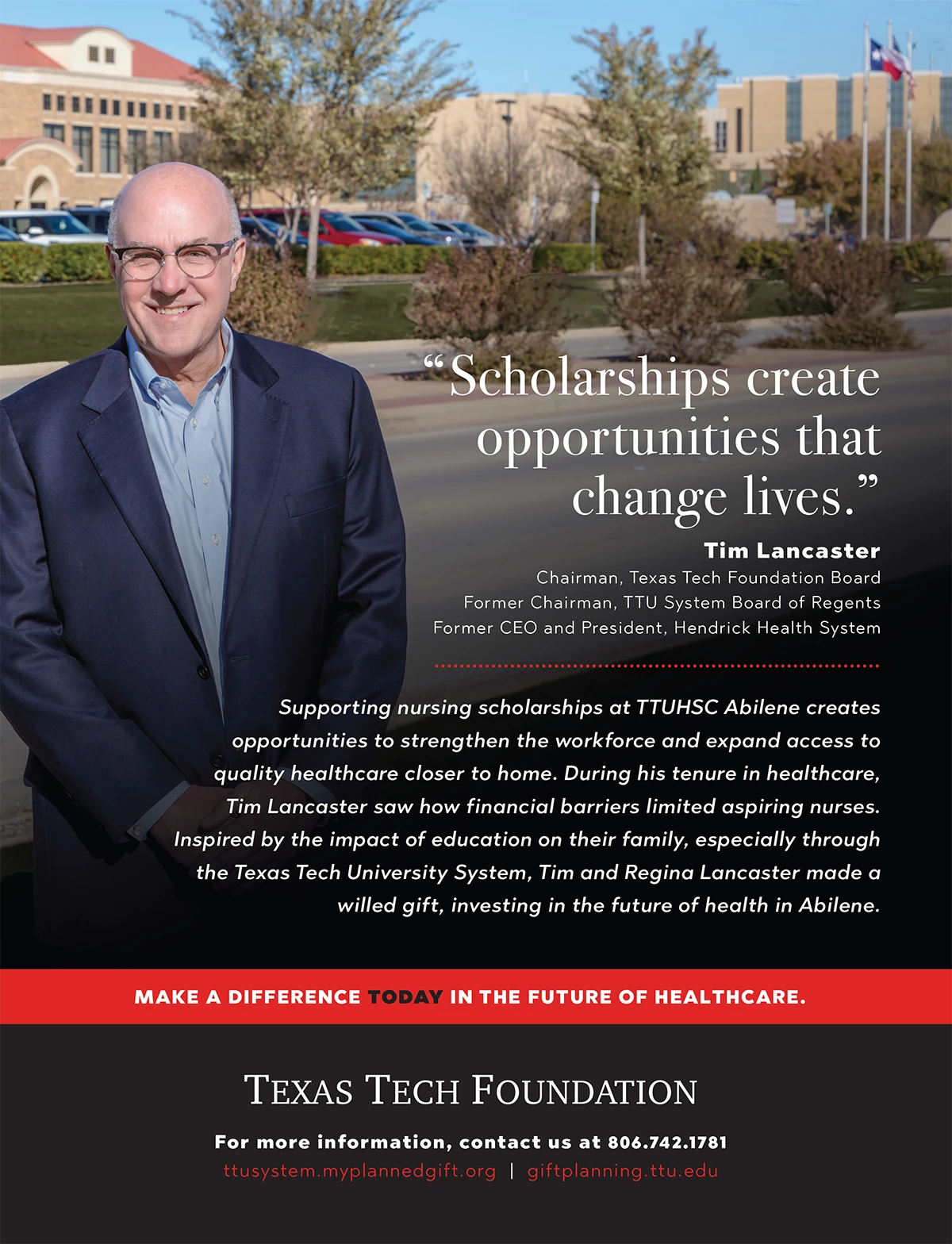 Texas Tech Foundation ad featuring Tim Lancaster and his support for nursing scholarships at TTUHSC Abilene through a planned gift.
