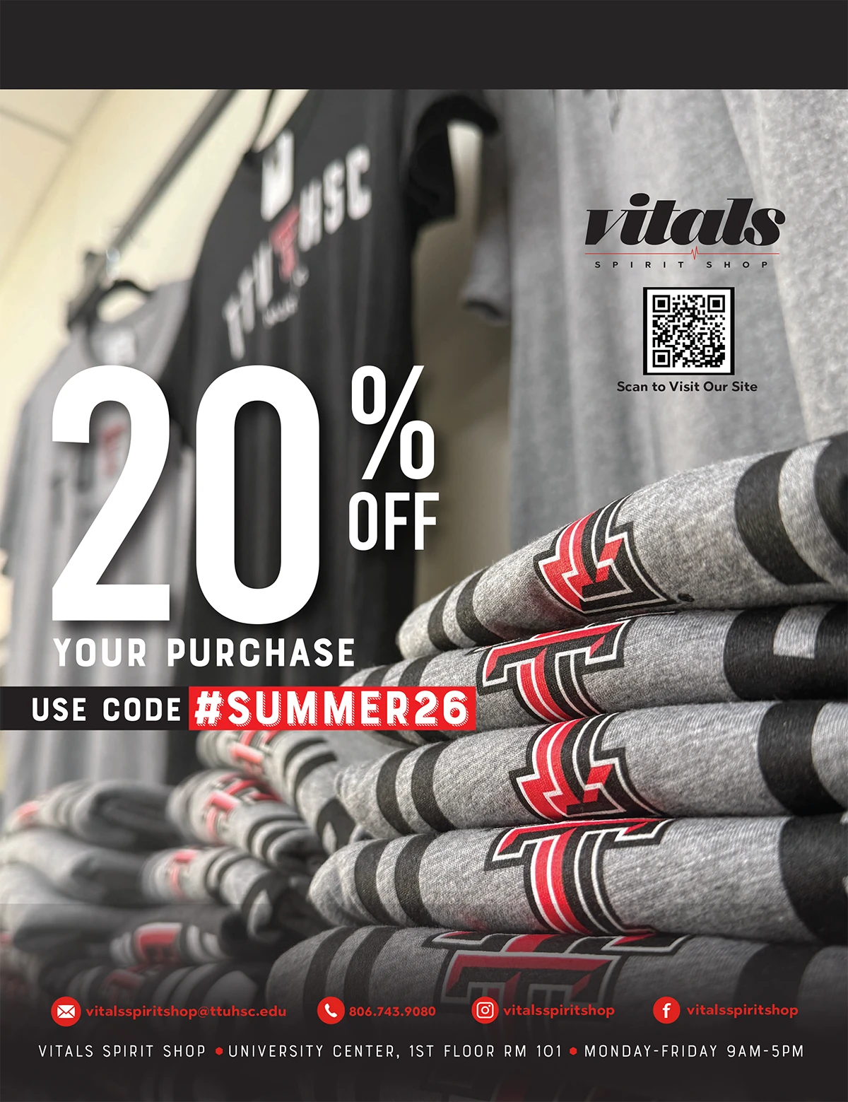 Vitals Spirit Shop ad offering 20% off a purchase with code SUMMER26, shown over stacks of Texas Tech apparel.
