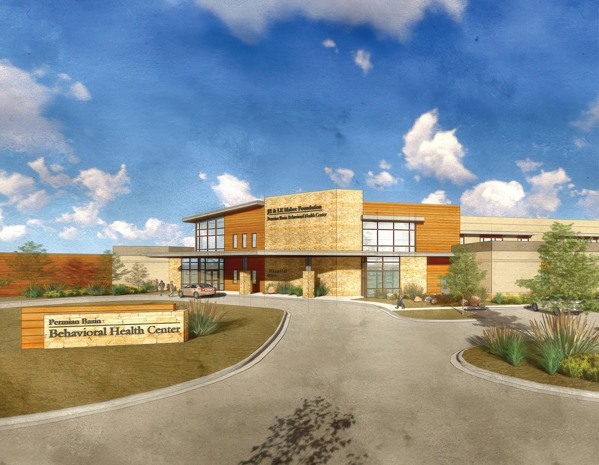 Architectural rendering of the Permian Basin Behavioral Health Center building and entrance sign.