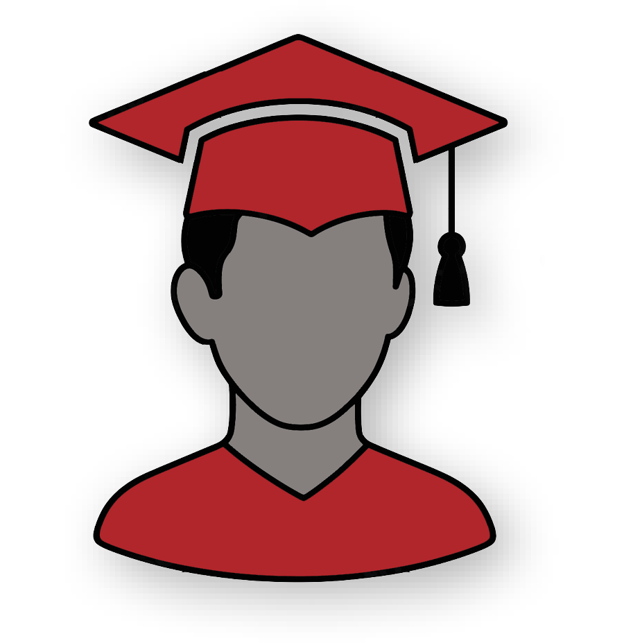 A red graphic icon depicting a person wearing a graduation cap and gown.