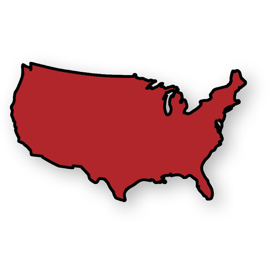 A solid red outline graphic of the contiguous United States with a drop shadow.